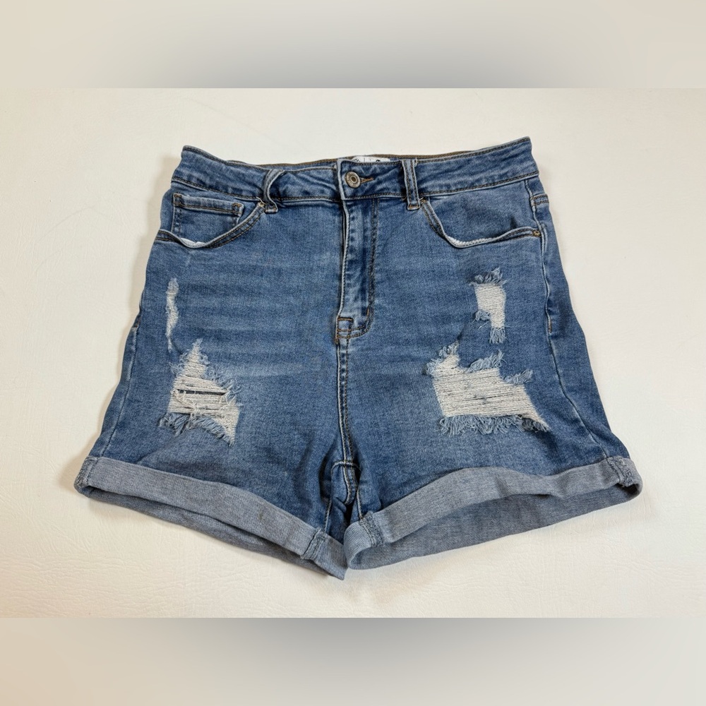 Wax rolled denim cuff stretch shorts women’s large factory distressing (bin BB) - Picture 1 of 7